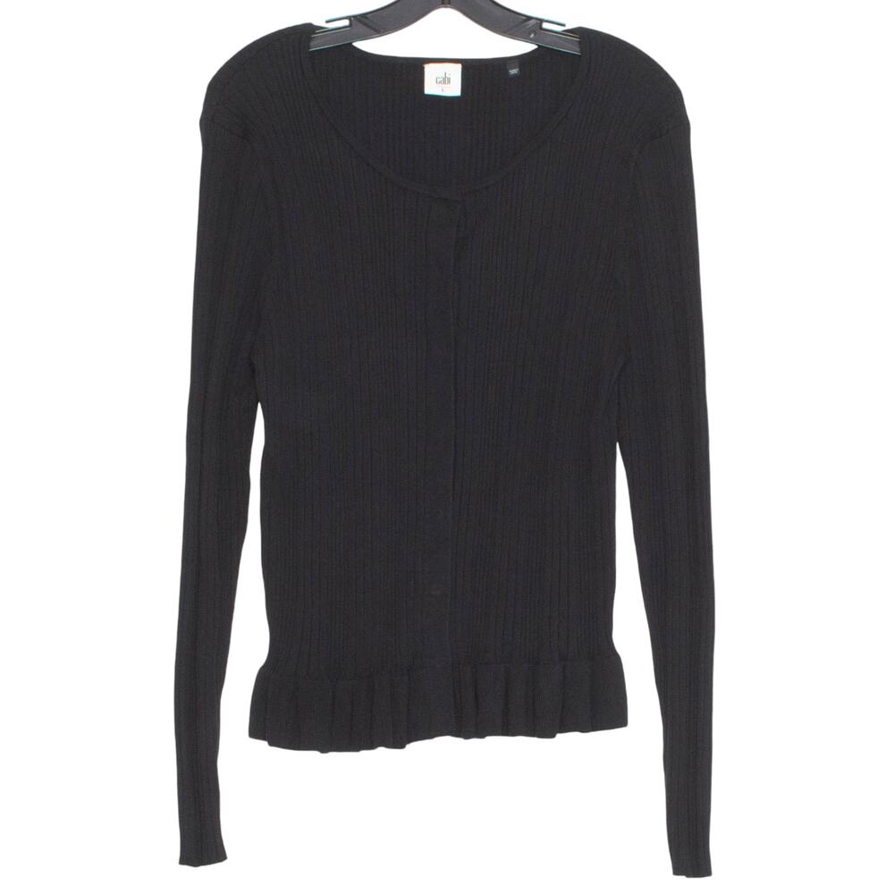 Cabi Womens Cardigan Sweater Ruffle Party Snap Long Sleeve Ribbed Black Large FZ